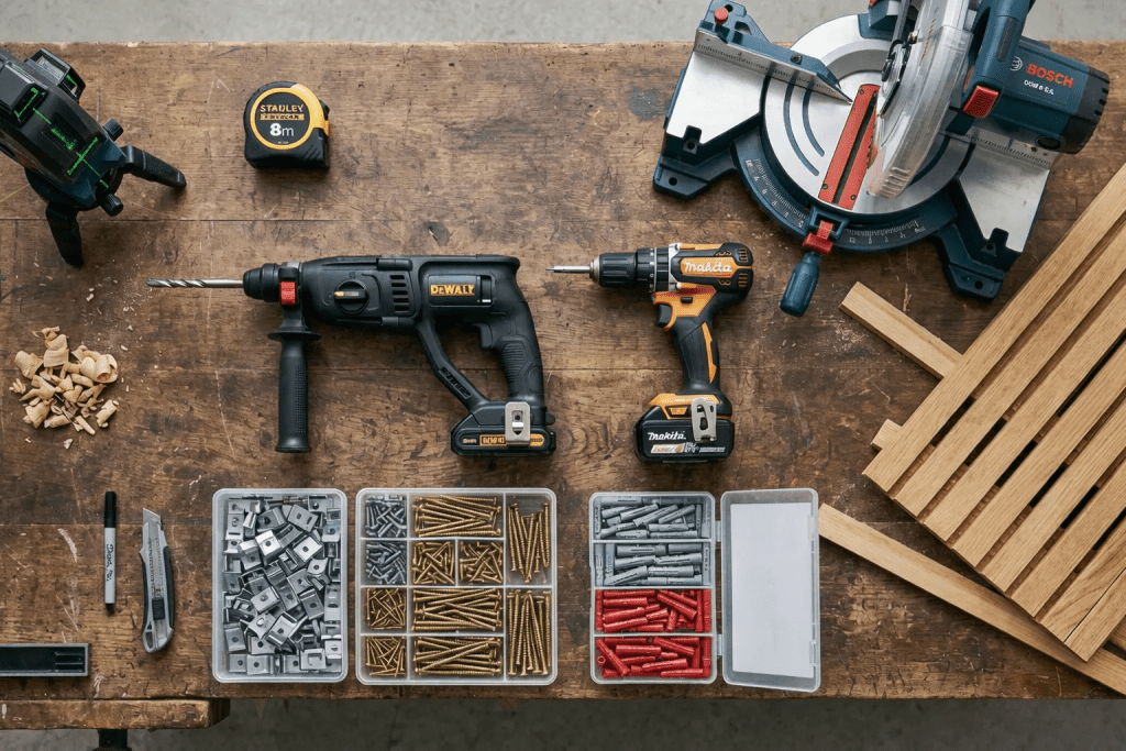 Инструменты и крепежи необходимые для монтажа реечных панелей
